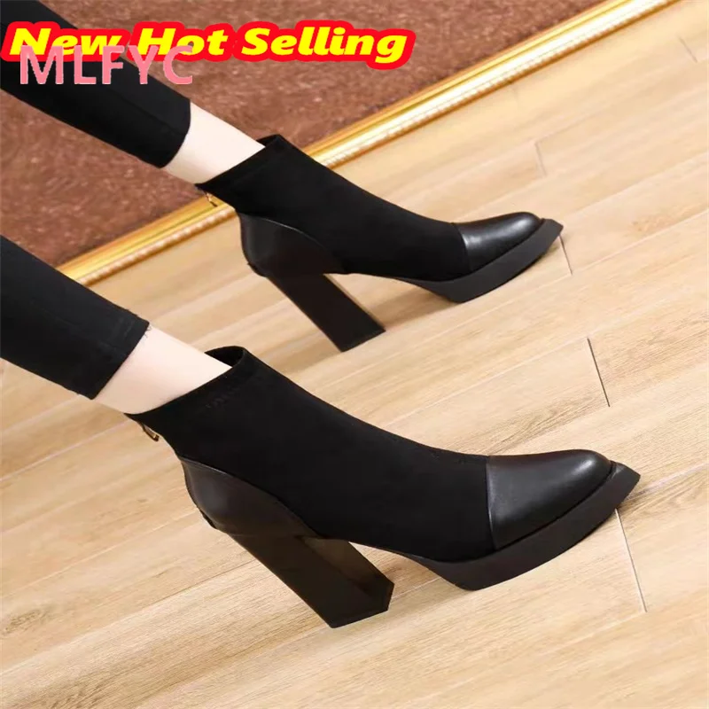 Women's Boots New British High Heel Spring and Autumn Single Boots Thick Heel Square Toe Short Boots Show Thin Ankle Boots