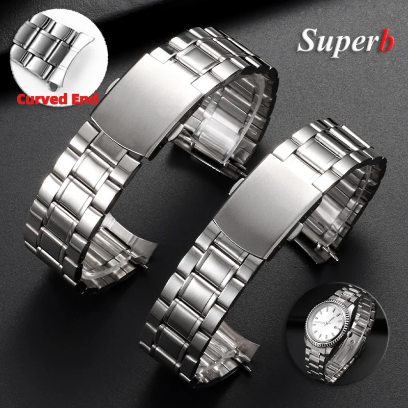 Curved End Stainless Steel Watchband with Folding Buckle - Men's Bracelet