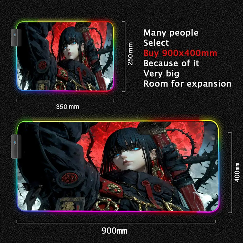 RGB Large Gaming Mouse Pad with LED Backlit - Samurai Anime Girl Design