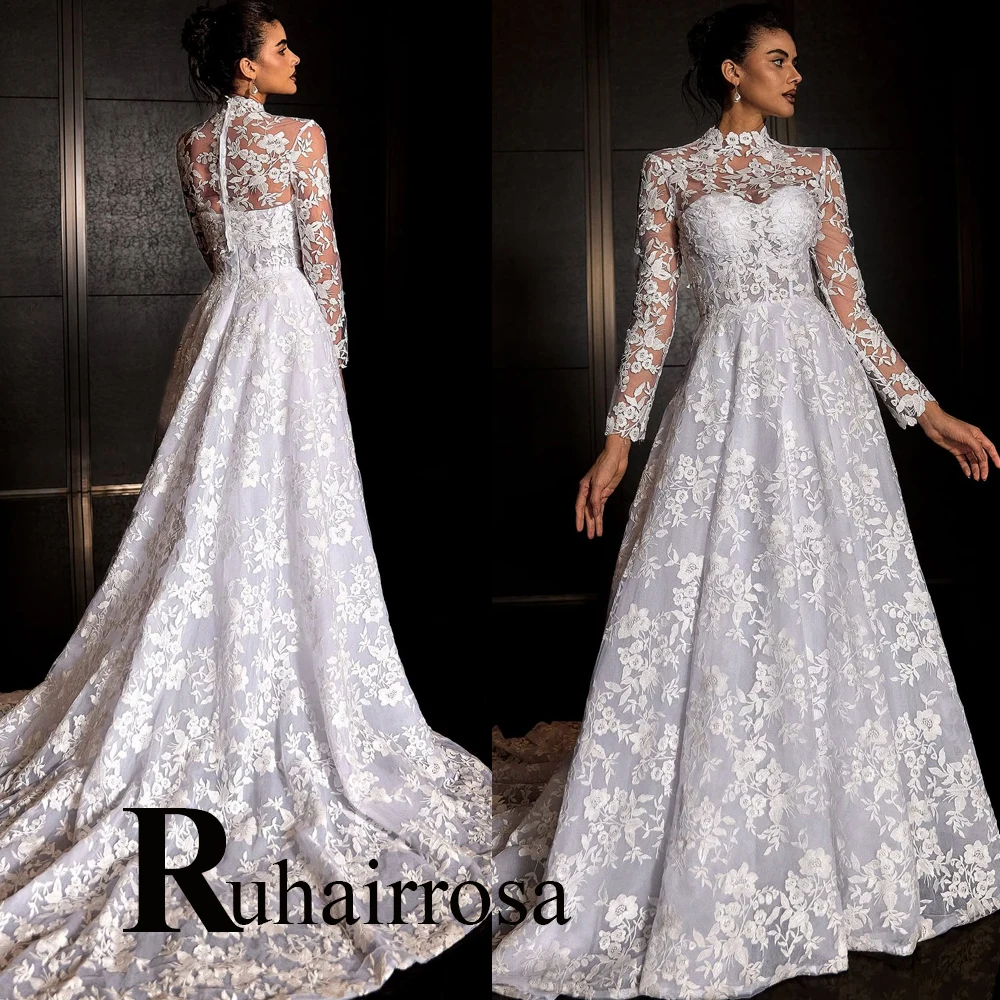 Ruhair Bohe Abiti da sposa a collo alto per la sposa Applicazioni in pizzo Corsetto A-line Piega Corte dei treni Abito Da Sposa Personalizzato