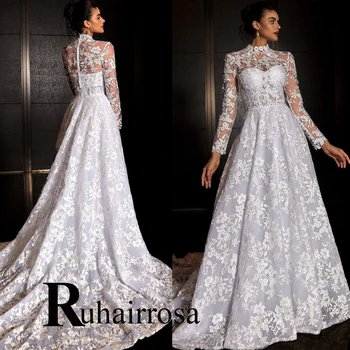 Ruhair Bohe Abiti da sposa a collo alto per la sposa Applicazioni in pizzo Corsetto A-line Piega Corte dei treni Abito Da Sposa Personalizzato