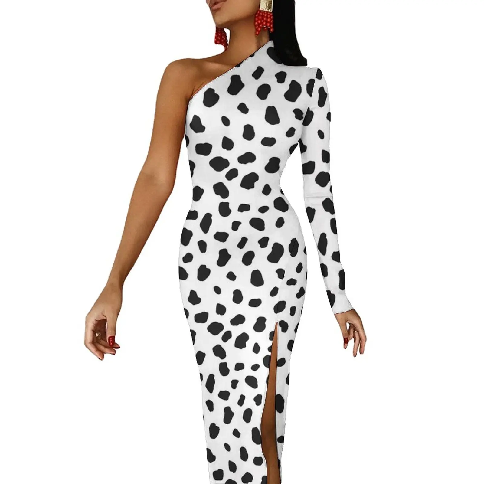 

Dalmatian Bodycon Dress Womens Spotted Animal Print Modern Maxi Dress Long Sleeve Streetwear Printed Dresses Gift Idea