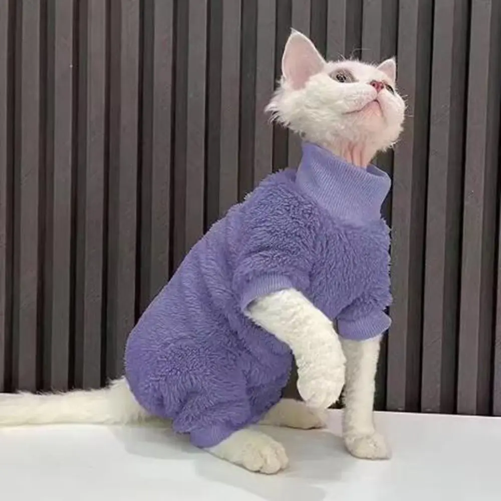 밝은 색상의 양모 털이 없는 고양이 옷 따뜻하고 두꺼운 털이 없는 고양이 복부 보호 방풍 부드러운 스핑크스 터틀넥 스웨터