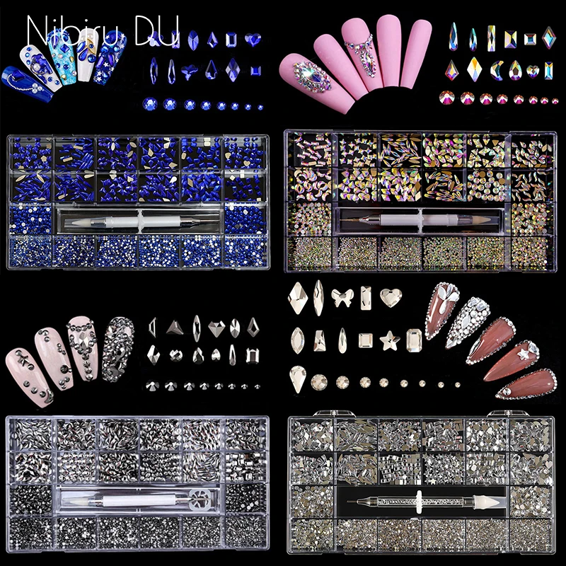 3100PCS Luxury White Pink AB Nail Art Rhinestones Crystals Set Kit Gems 3D  Diamond Decoration Manicure 21 Shape 1PCS Pick Up Pen - AliExpress