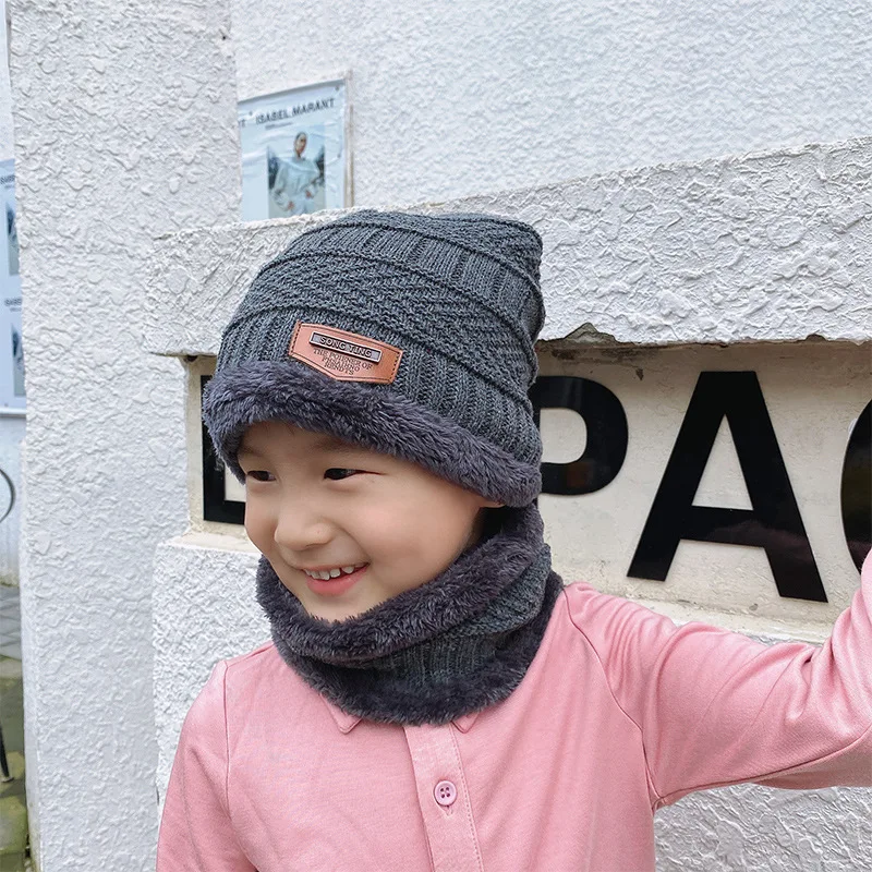 Winter Knitted Hat Children Plus Velvet Warm Scarf One-piece Cap Thickened Wool Cap Girls Ear Protection Kids Cold-proof Hat