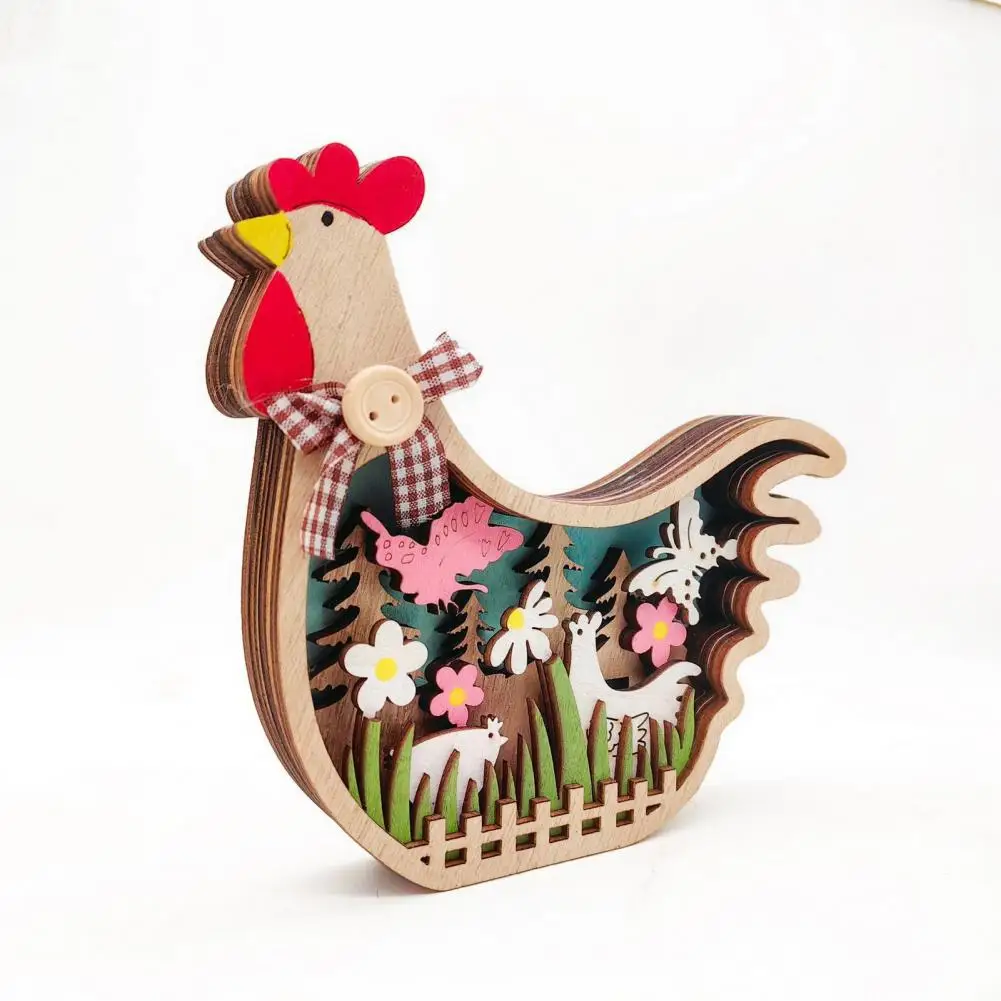 

Wooden Chicken Craft Easter Chicken Wooden Ornament Tree with Flower Butterfly Wood Carving Craft Art Hen Light-up for Easter