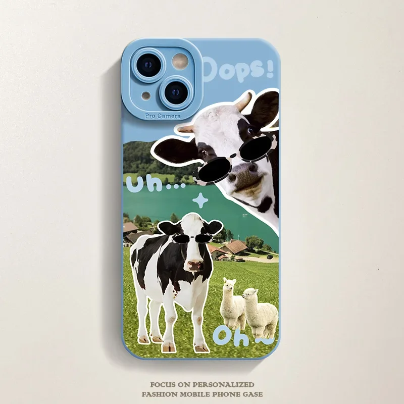 thumbnail image 1 of Korean Cute Collage Sunglasses Cow Phone Case For iPhone 15 14 13 12 Pro Max 11 Lovely Cool Silicone Shockproof Soft Back Cover, 1 of 5