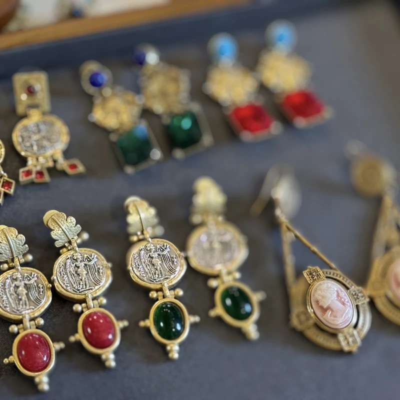 Vintage Zircon Green Earrings Drop Gold Color Ancient Coin