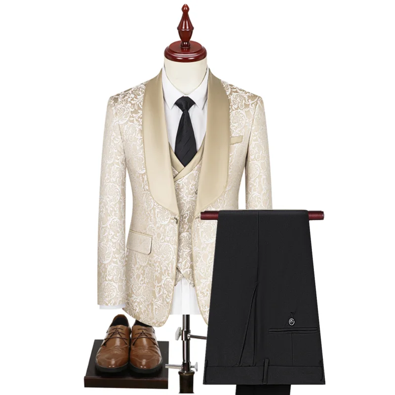 Men Wedding Jacquard Suits Fashion Male Business Social Dance Party Dress Blazers Pant Vest