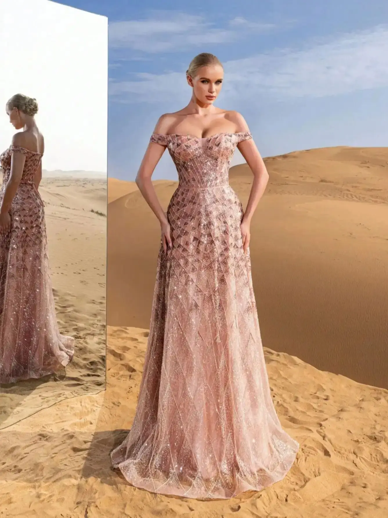 رائع قبالة الكتف الدانتيل متابعة الظهر مطرزة فساتي...