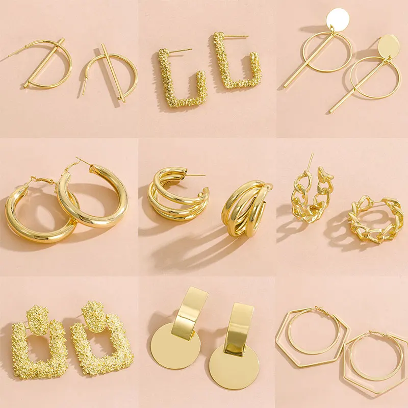 Fashion Statement Hanging Earrings For Women Geometric Gold Metal Drop