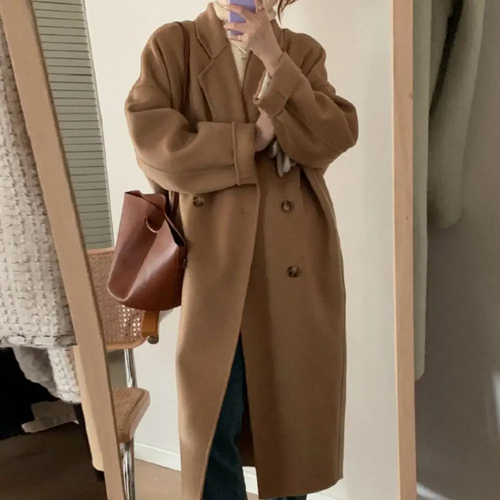 

Women Winter Woolen Coat Thickened Double-breasted Long Style Women Coat Loose Lapel Notch Collar Pockets Trench Coat
