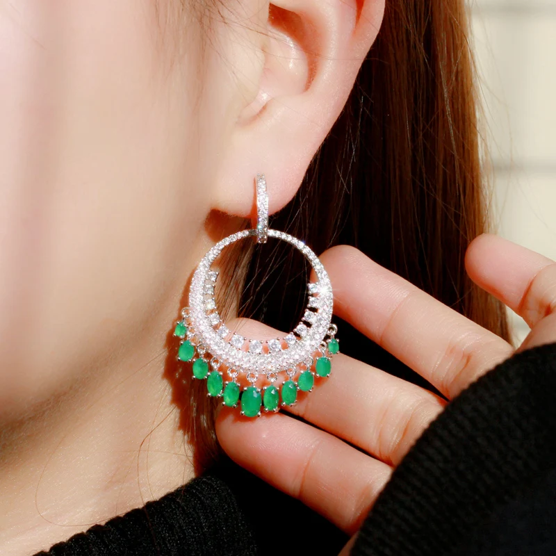 CWWZircons Fashion Big Round Ethnic Dangling Long Hoop Earrings for Women  Green Clear CZ Wedding Dress Accessories CZ143 - AliExpress 36