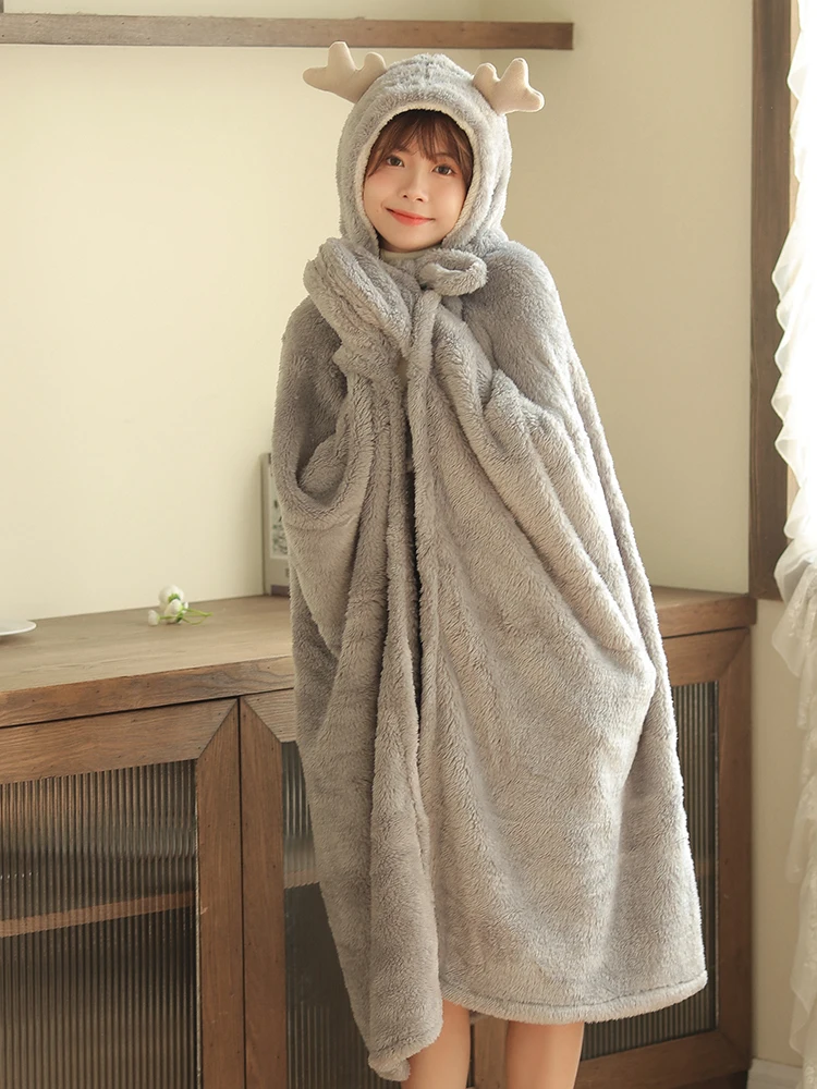 Korean version autumn winter deer cloak shawl blanket plush office nap thick warm cute nightgown student lazy cloak chic
