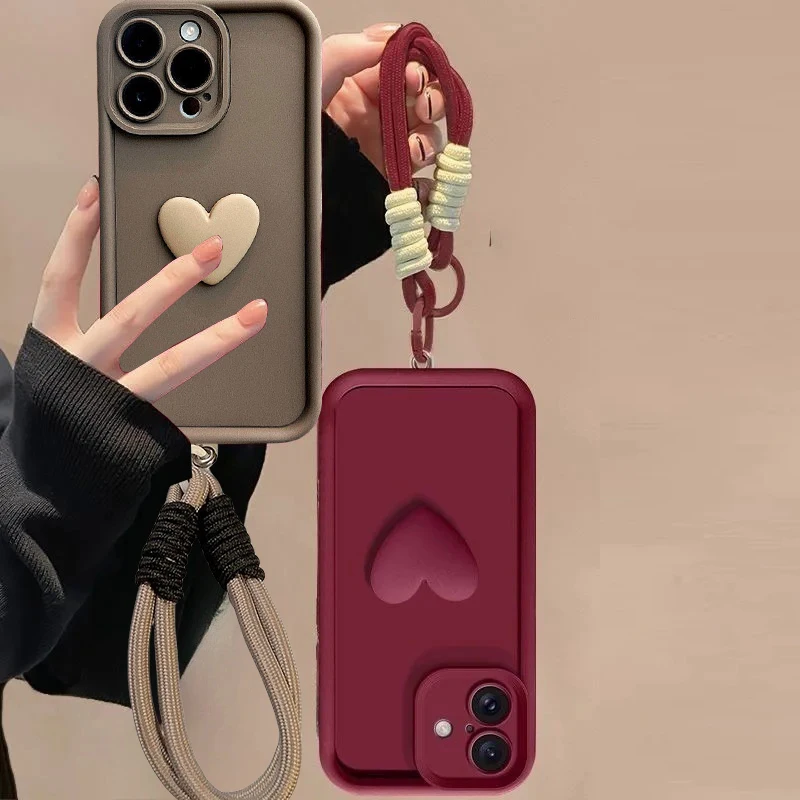 Luxury 3D Black Love Heart Silicone Case with Wrist Lanyard