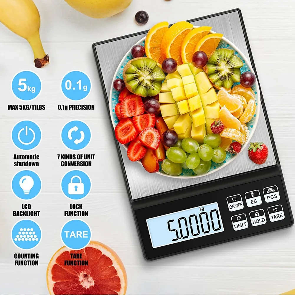 Báscula Digital de cocina, balanza de alimentos recargable de 5Kg/0,01G, báscula de cocina de alta precisión con pantalla LCD