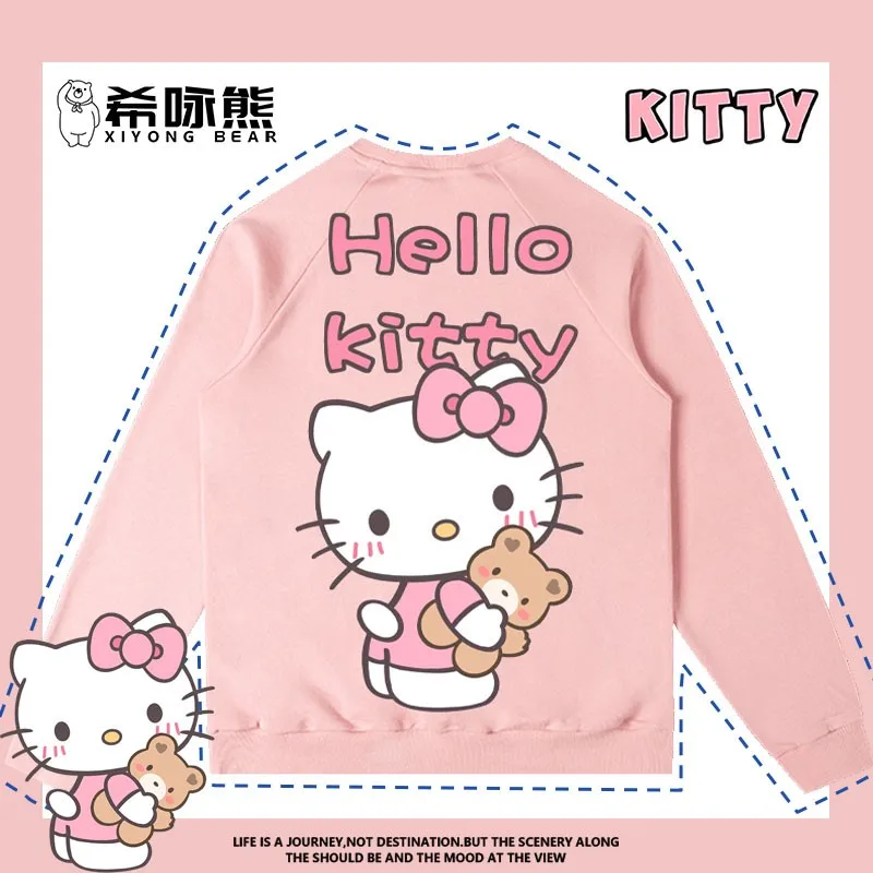 

Cartoon Hello Kitty Hoodie Women Round Neck Fashion Brand Lazy Sanrio Hoodie Hellokitty Co-branded Cotton Clothes