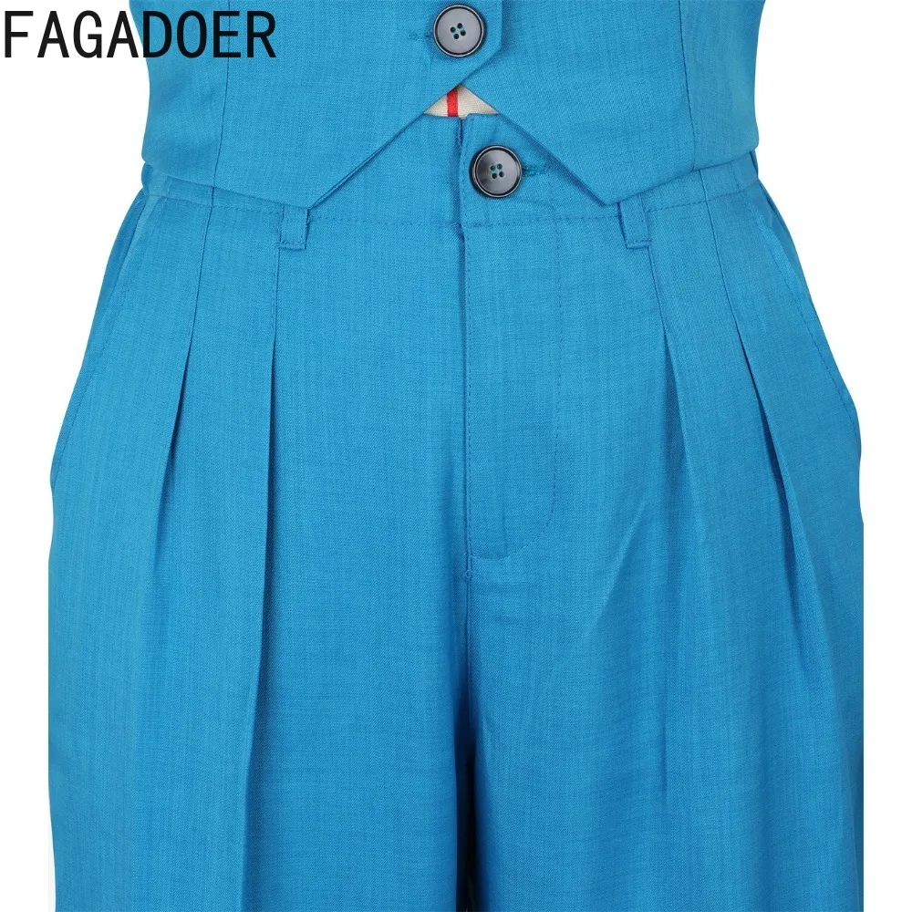 FAGADOER Elegant Lady Solid Color Office Wide Leg Pants Two Piece Sets Women V Neck Sleeveless Button Top And Pants Outfits 2024