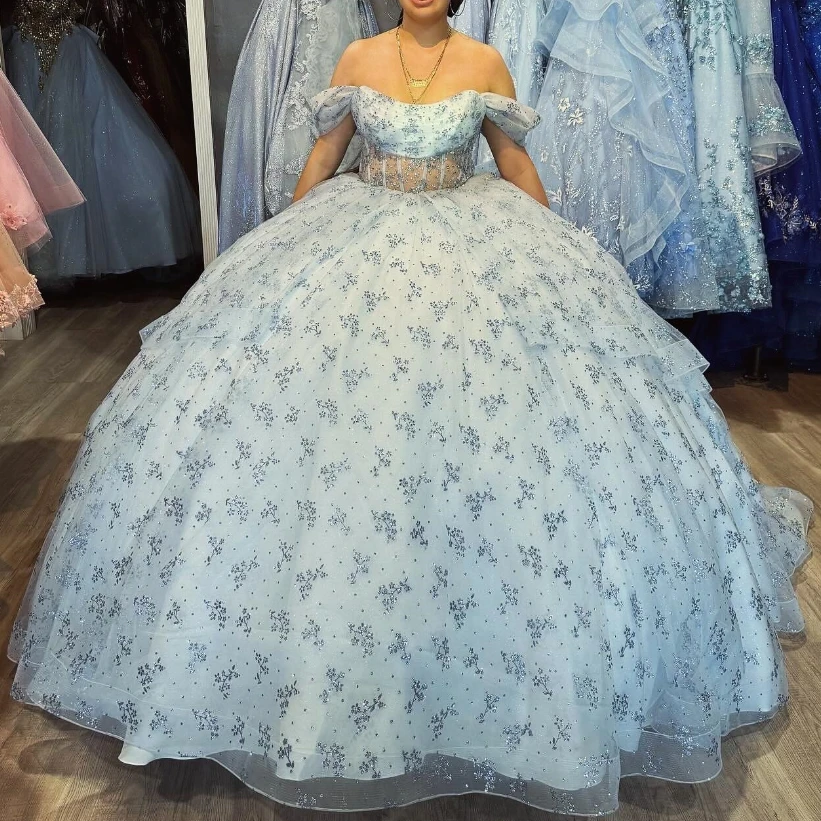 

Mexico Sky Blue Off The Shoulder Ball Gown Quinceanera Dress For Girls Ball Sweet 16 Princess Birthday Party Gowns Vestidos De15