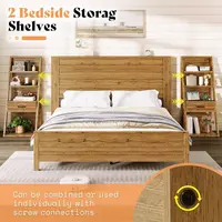 Farmhouse Style King Bed with Wide Headboard, 4-Tier Shelves, Charging Station, 2 Drawers, No Box Spring Required, Natural Oak F 4
