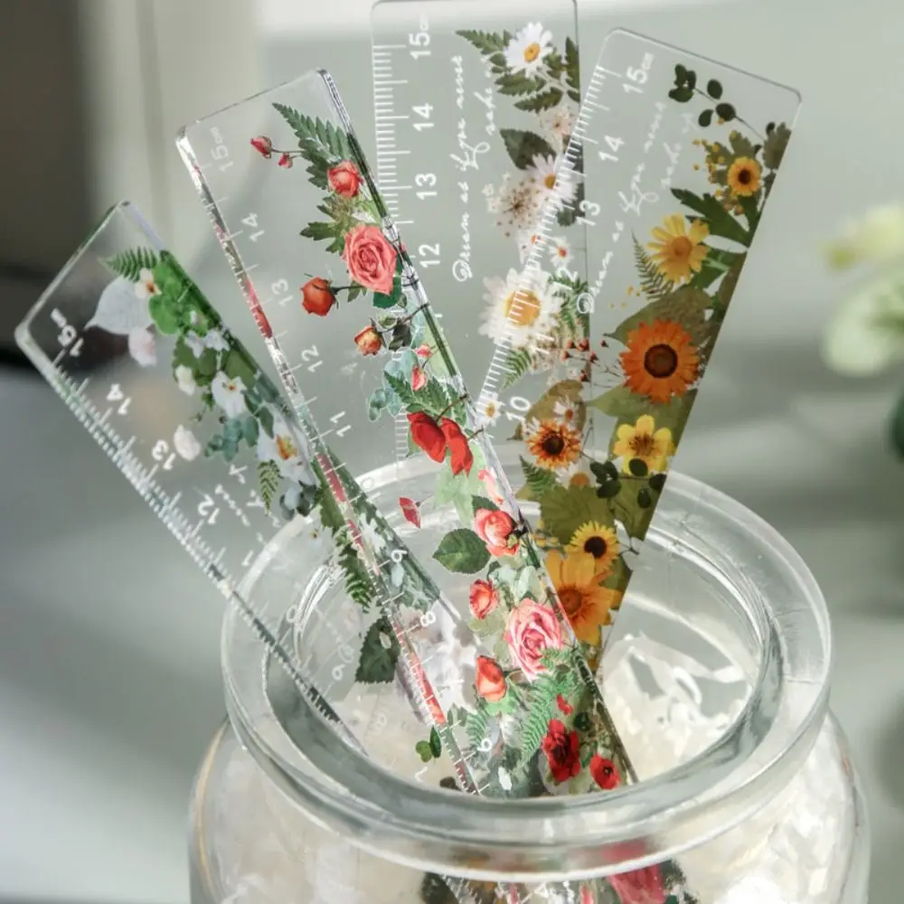 Ruler Set Plastic Ruler 1Pc Tulip Daisy Rose Straight Transparent Flower Bookmark Student Math Drawing Multifunction DIY Tool