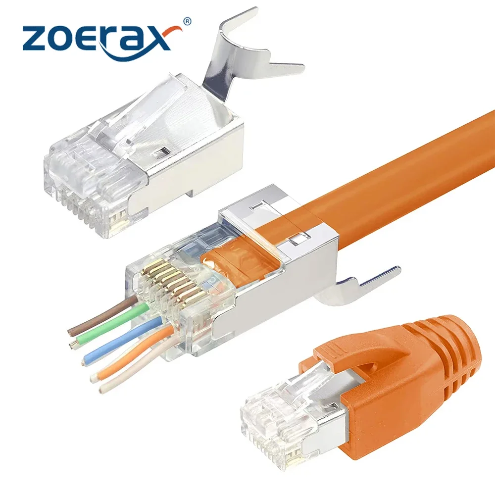 ZoeRax Cat7 Cat6A RJ45 패스 스루 커넥터, 3 프롱 50μ 금도금 모듈러 플러그 이더넷 엔드, 스트레인 릴리프 부츠 포함