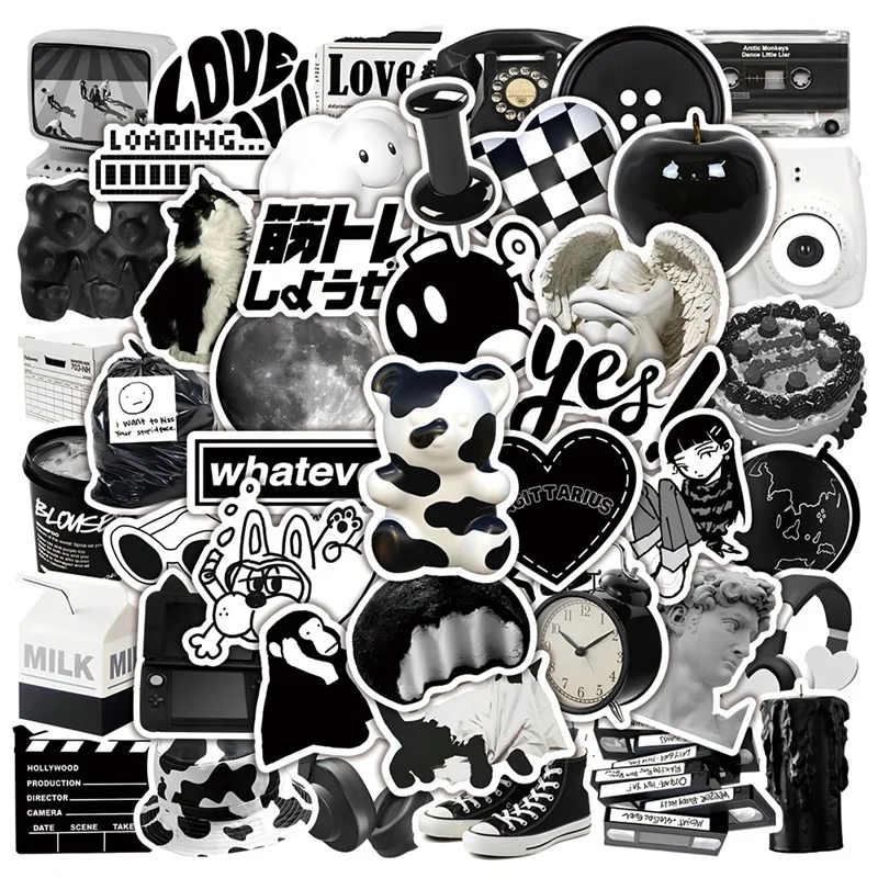 10/30/50PCS INS Black White Sketchbook Sticker Aesthetic PVC Children's Laptop School Stationery Scrapbooking Supplies for Kids