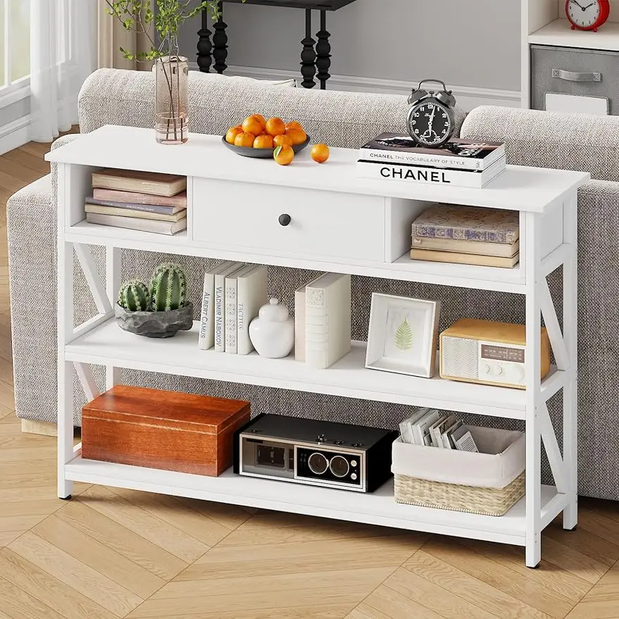 

Mexin Console Table with Drawer Shelves Entryway Table with 3 Tier Storage Shelves Industrial Wood Hallway Sofa Table Couch