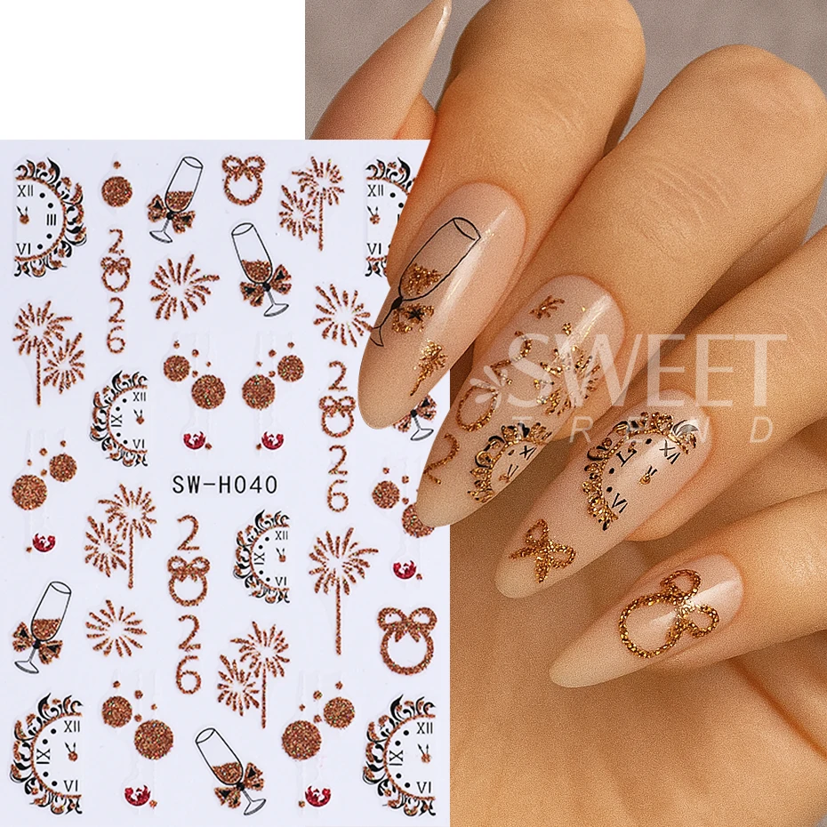 2pcs Christmas Nail Stickers Glitter Gold Fireworks Champagne 2026 Clock Design Bow New Year Nail Sliders Decals Manicure Decor