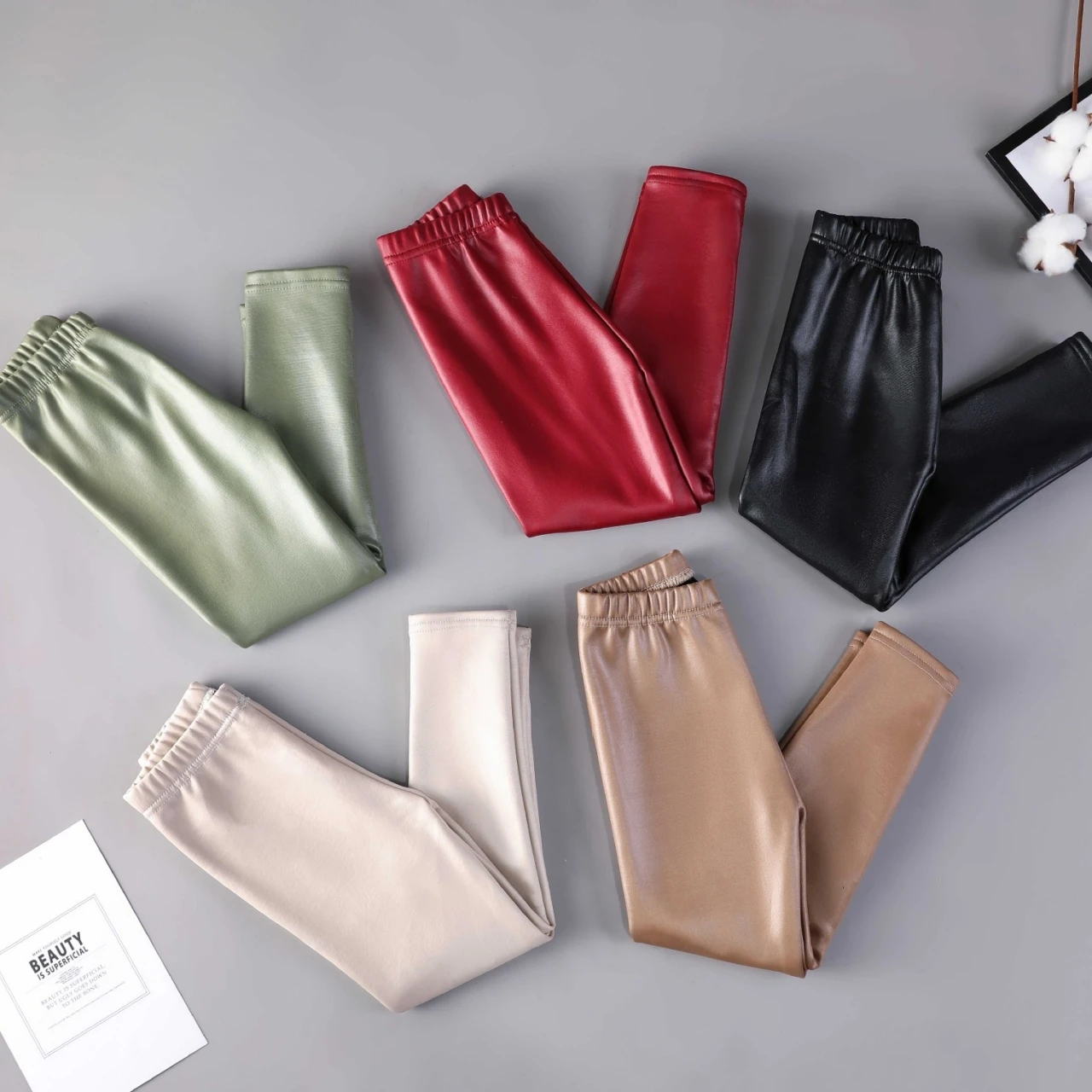 Cozy Winter Faux Leather Kids' Candy Color Leggings