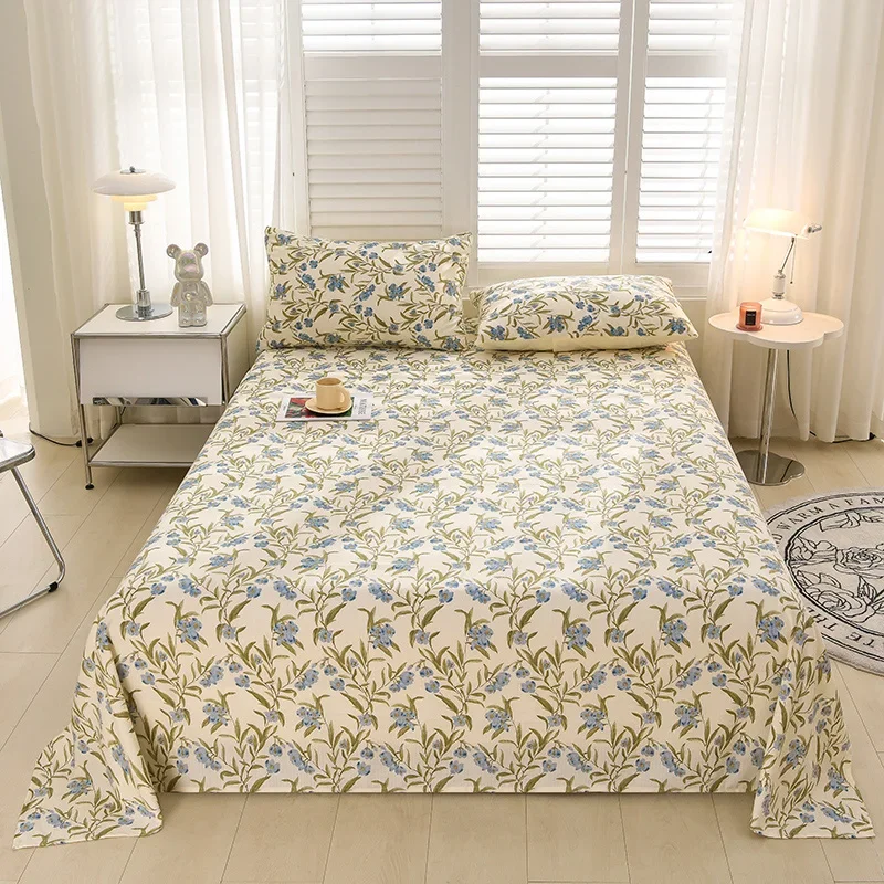 Floral Flat Sheet Twin Green Botanical Leaf Blue Flowers Print Bed Sheet Set Soft Cotton Wildflower Bed Cover with 2 Pillowcase 1