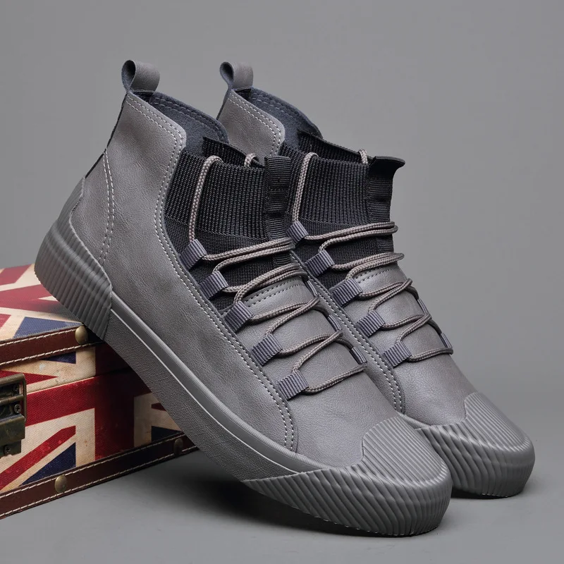 

Men's Leather Shoes Men Boots Korean Black High Top Shoes 2023 New Men Wear-resisting Loafers Designer Leisure Vulcanized Shoes