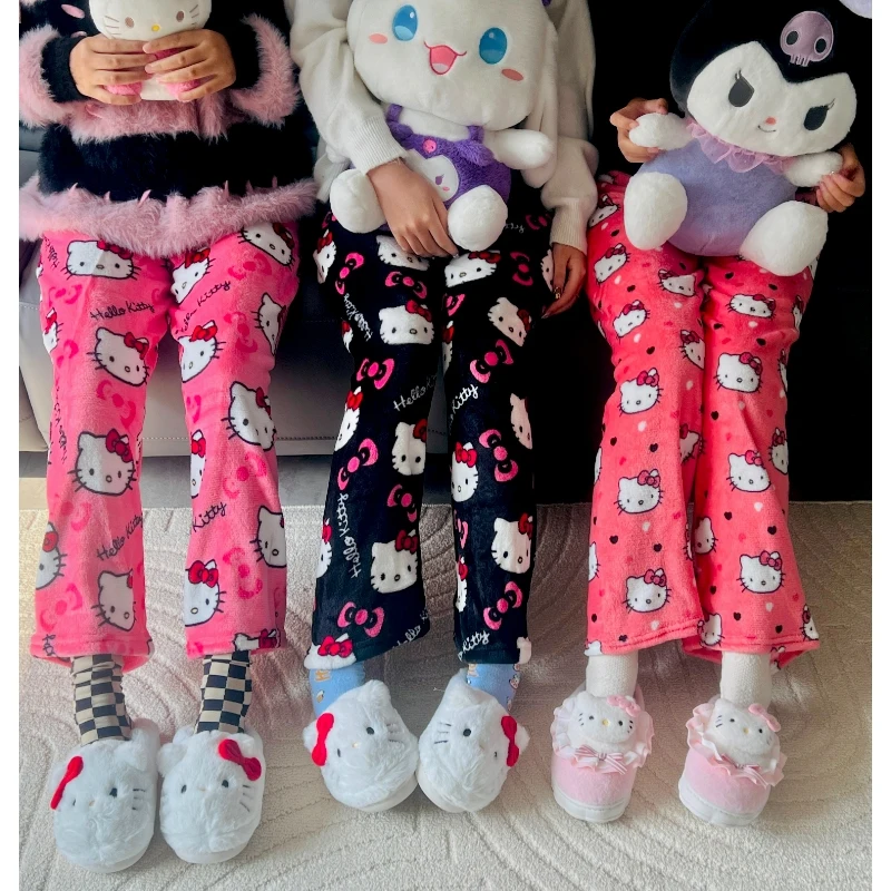 산리오 헬로 키티 잠옷 바지, 블랙 핑크 애니메이션 플란넬, 따뜻한 모직 화이트 크리스마스 라운지웨어 바지, 가을 그릴 바지
