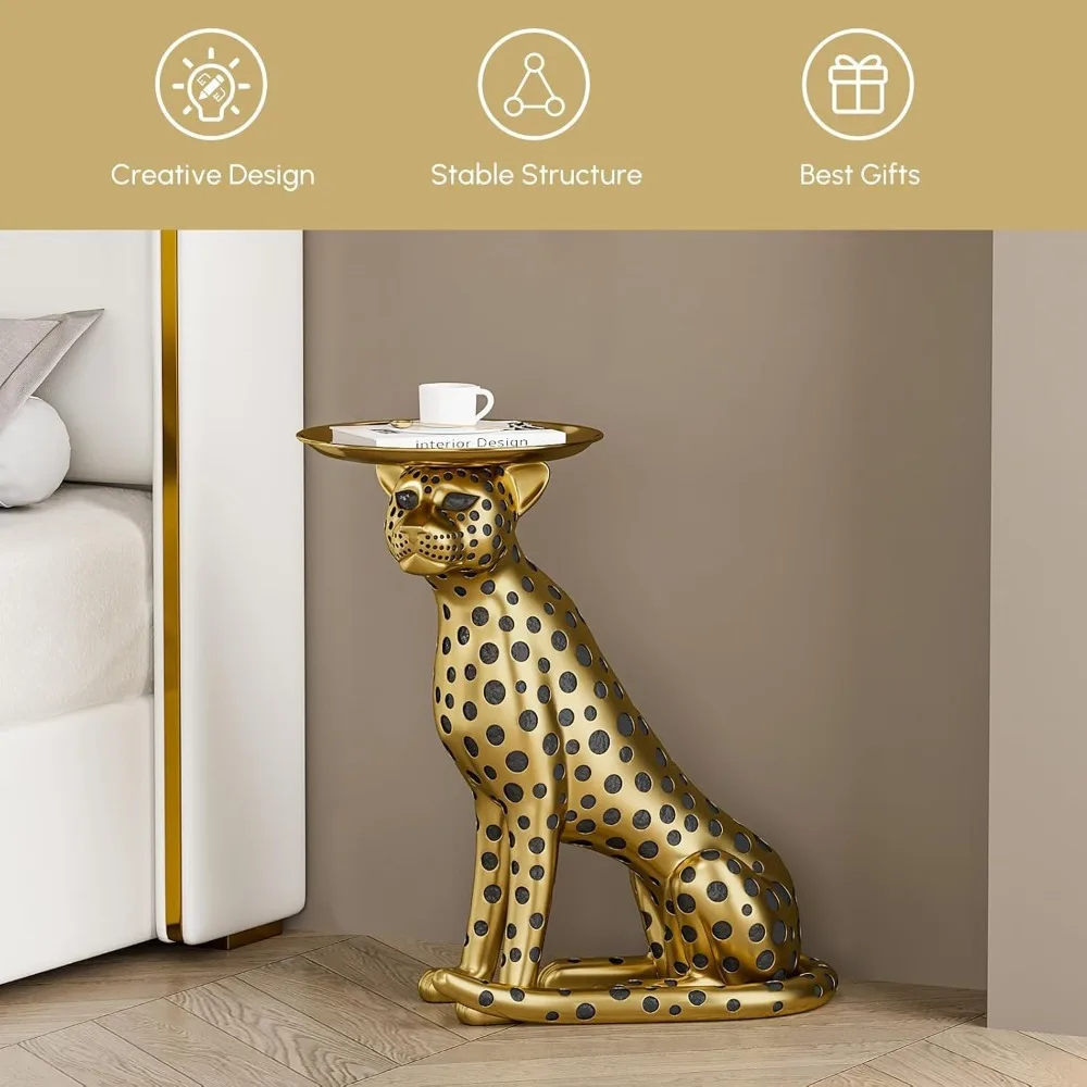 Animal Side Table with Tray Top– Gold Leopard Statue Panther Figurine End Table Art Decor for Home & Gifts