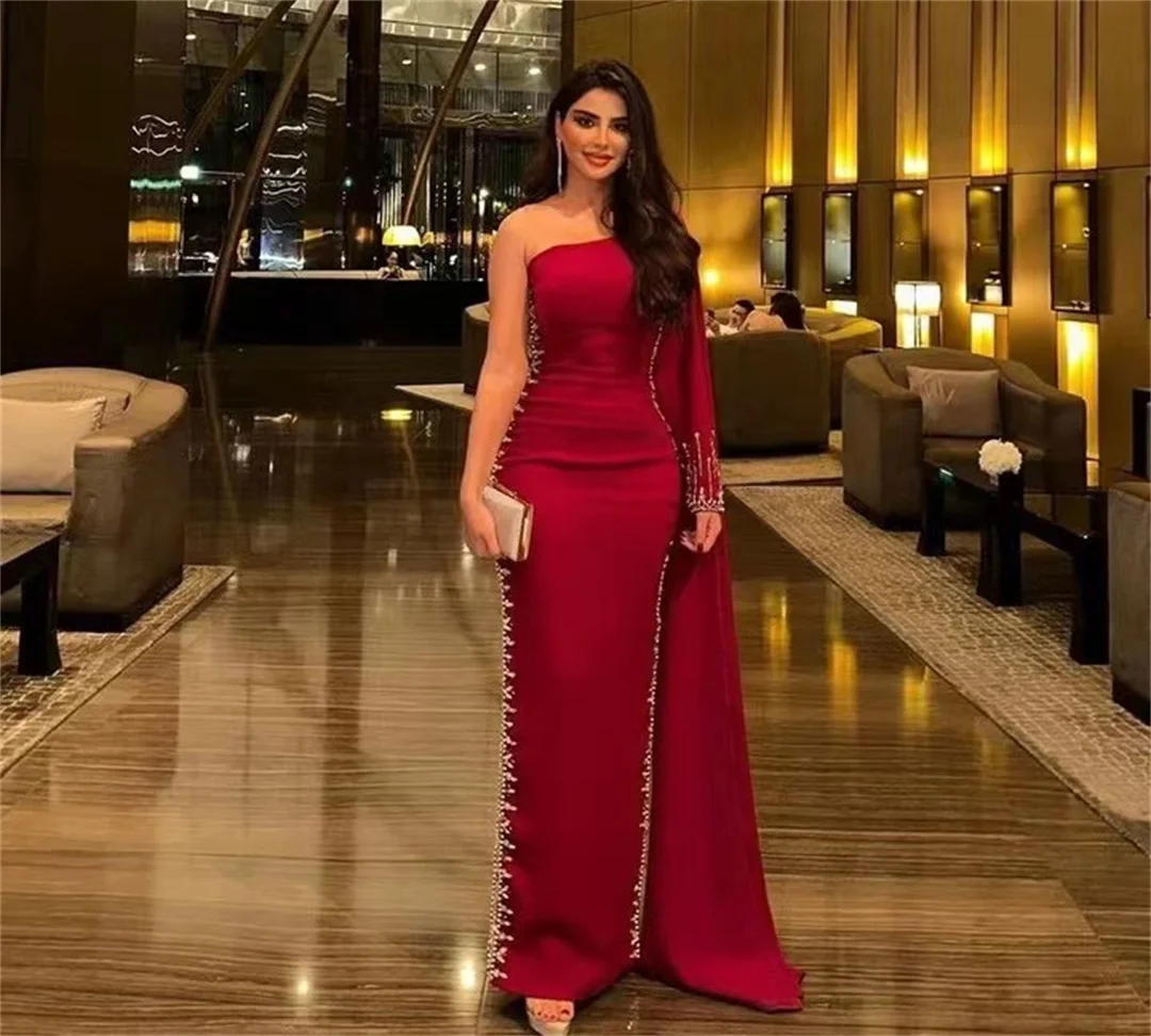 

OIMG Elegant Satin Prom Dresses One-Shoulder Crystals Sleeveless with Cape Ruched Mermaid Women Evening Gowns Formal Party Dress