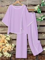 Plus Size Women Casual Fashion Set Loose Comfortable Open Split Half Sleeve Top Wide Pants Long Pant Two Piece Outfit Pajama Set - Image 3