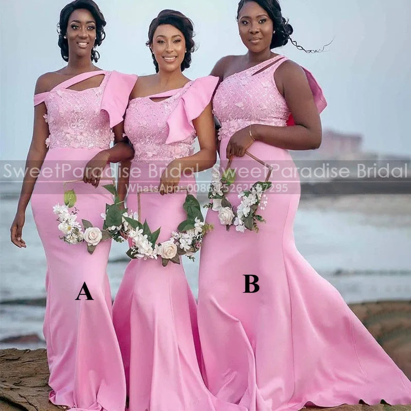 

Pink Floral Appliques Beads Bridesmaid Dresses Mermaid Cut-Out One Shoulder Long Plus Size Trumpet Wedding Party Dress