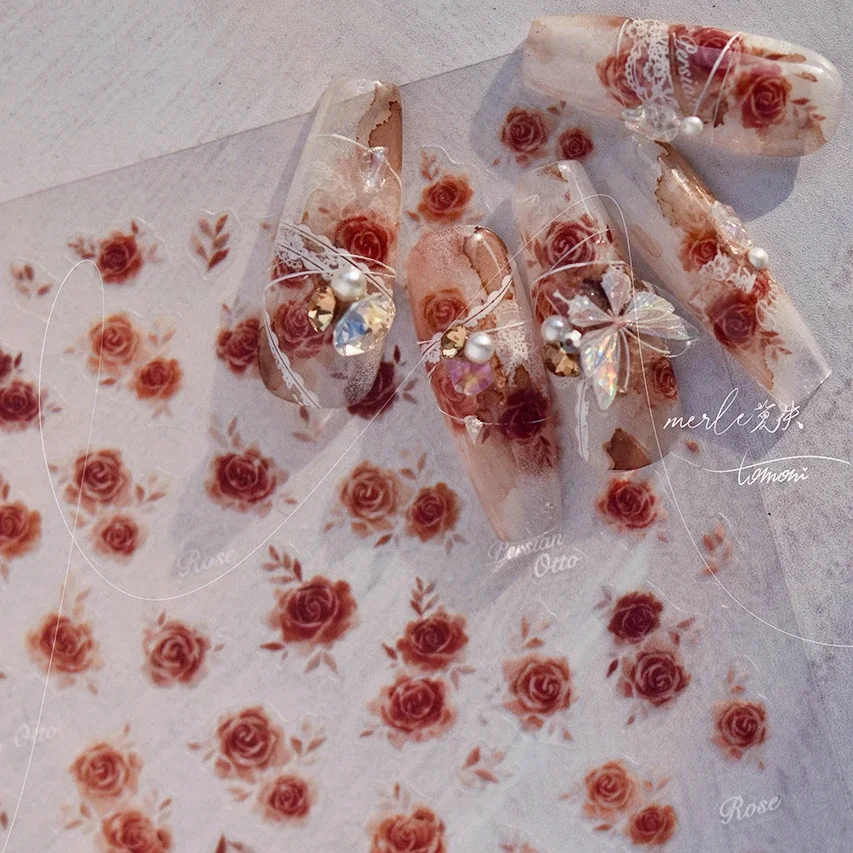 Retro Red Rose Flower Strass 3D Autoadesivo Nail Art Decorazione Sticker Gradiente Halo Tintura Pizzo Fiocco Cuore Manicure Decalcomania