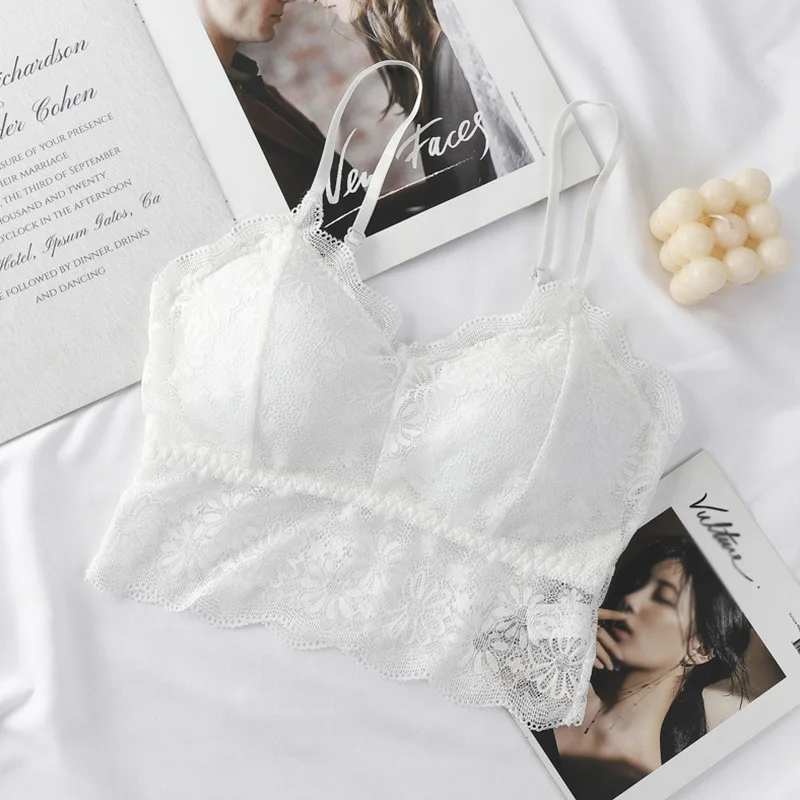 2021 Female Summer Crop Tank Top Women Fashion Deep V Lace Bras Embroidery Floral Tank Top Bra Wrapped Chest Camisole Padded Bra