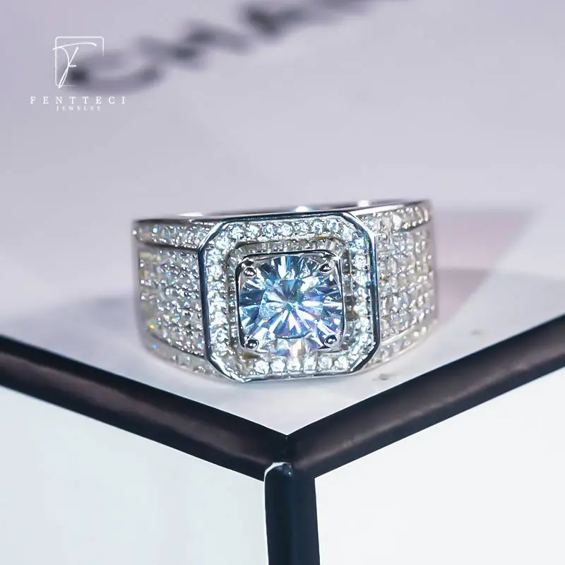 FENTTECI 925 Sterling Silver Moissanite Ring Group Set Full Of Diamond Men's Ring Luxury Ring 2ct 3ct 5ct Luxury Jewelry for Men