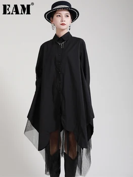 [EAM] Women Black Irregular Hem Big Size Shirt Dress New Lapel Long Sleeve Loose Fit Fashion Tide Spring Autumn 2026 1DE2485
