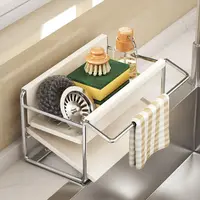 Égouttoir de cuisine en acier au carbone/inox, auto-drainant, gain de place, support pour liquide vaisselle, plateau d'égouttage automatique, support à éponge à ventouse 2