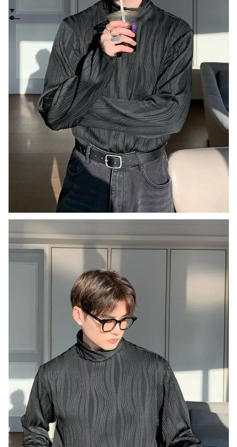 Herbst Plissee Gestreiften Rollkragen Bodenbildung Shirt männer Koreanischen Stil Casual Lose Strukturierte Pullover Lange-ärmeln T-shirt – Detail 7