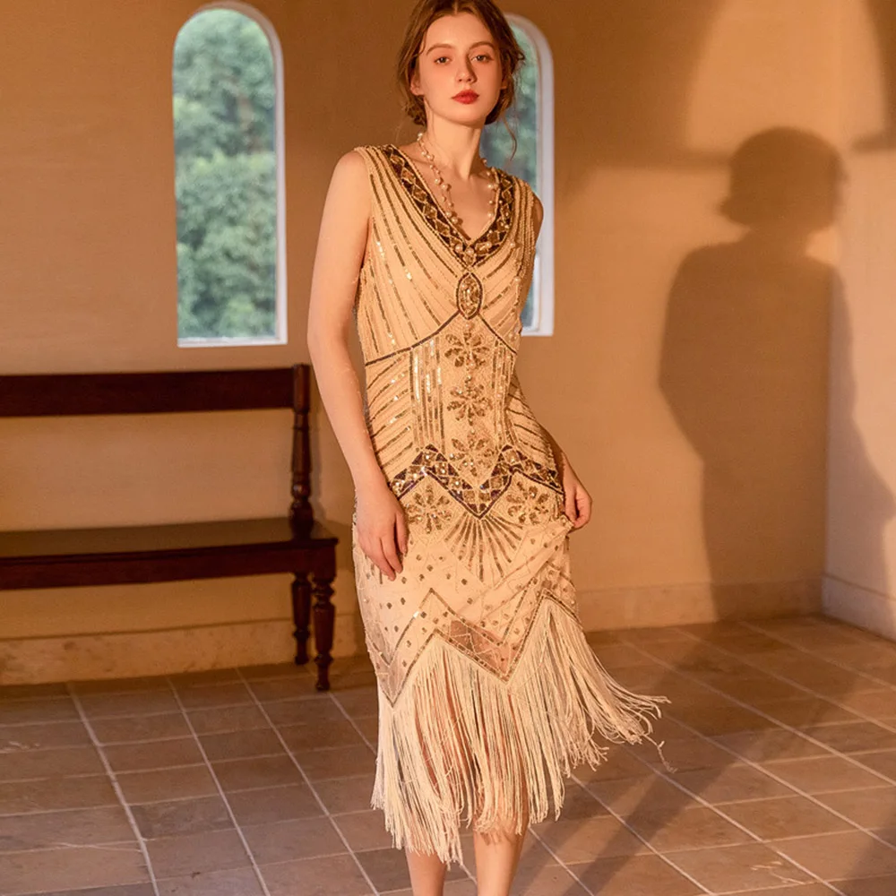 

Женское винтажное платье-чартсби, облегающее платье с блестками и V-образным вырезом, украшенное бусинами, платье-Чарльстон для бальной комнаты, танго, латиноамериканских танцев, 1920