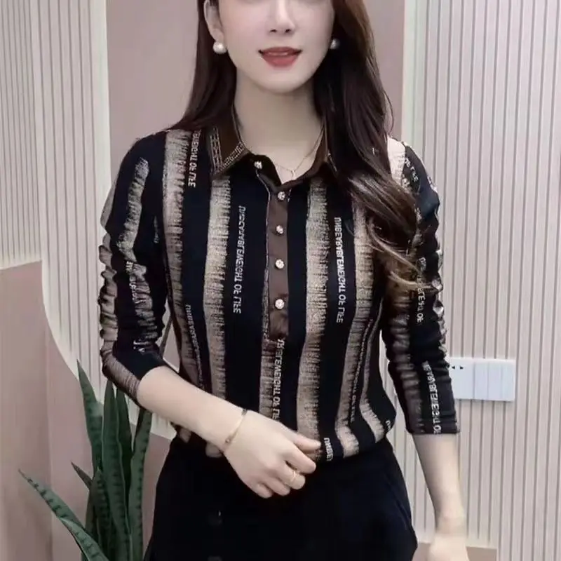 2023 Elegant Temperament Simplicity Office Lady Blouses Striped Printing Long Sleeve Polo-Neck Button Top Women Clothing