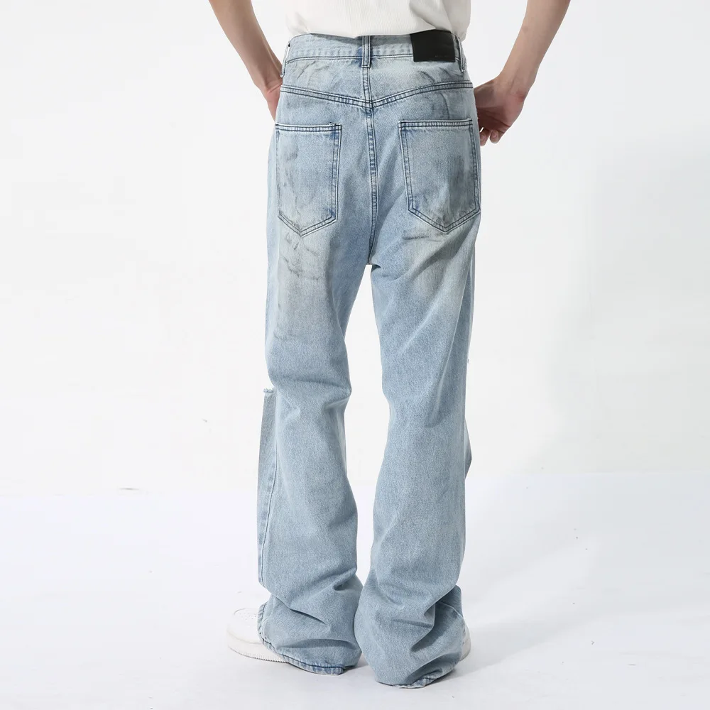 Men Fashion Ripped High Quality Trouser Solid Washed Streetwear Holes Baggy Jeans Men Ripped Streetwear Denim Wide-leg Pants