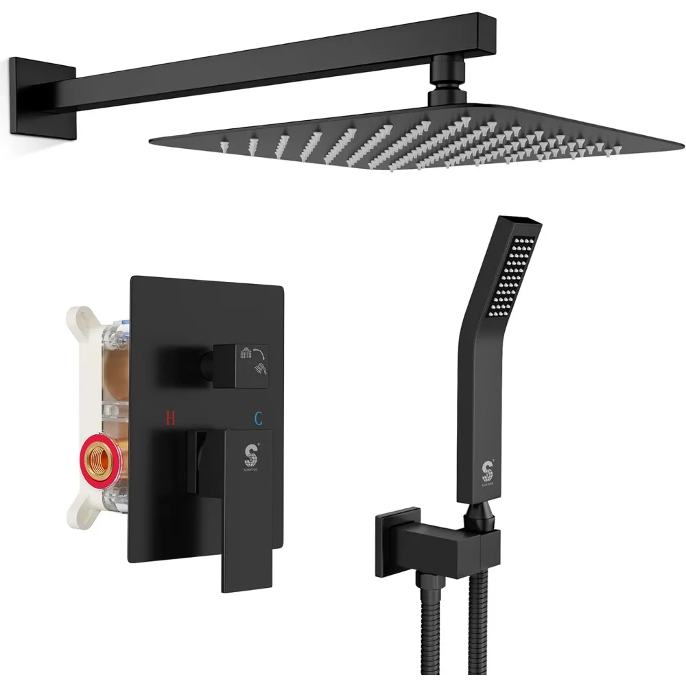 SR SUN RISE 12 Inches Matte Black Shower System 12 Inch Brass Bathroom Luxury Rain Mixer Shower Combo Set Wall Mounted