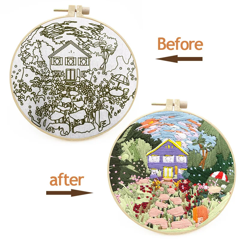 France Garden Flower Beginner Embroidery Fabric Threads Material Bag Diy 3d Landscape Needlework Cross Stitch Kit Wall Painting