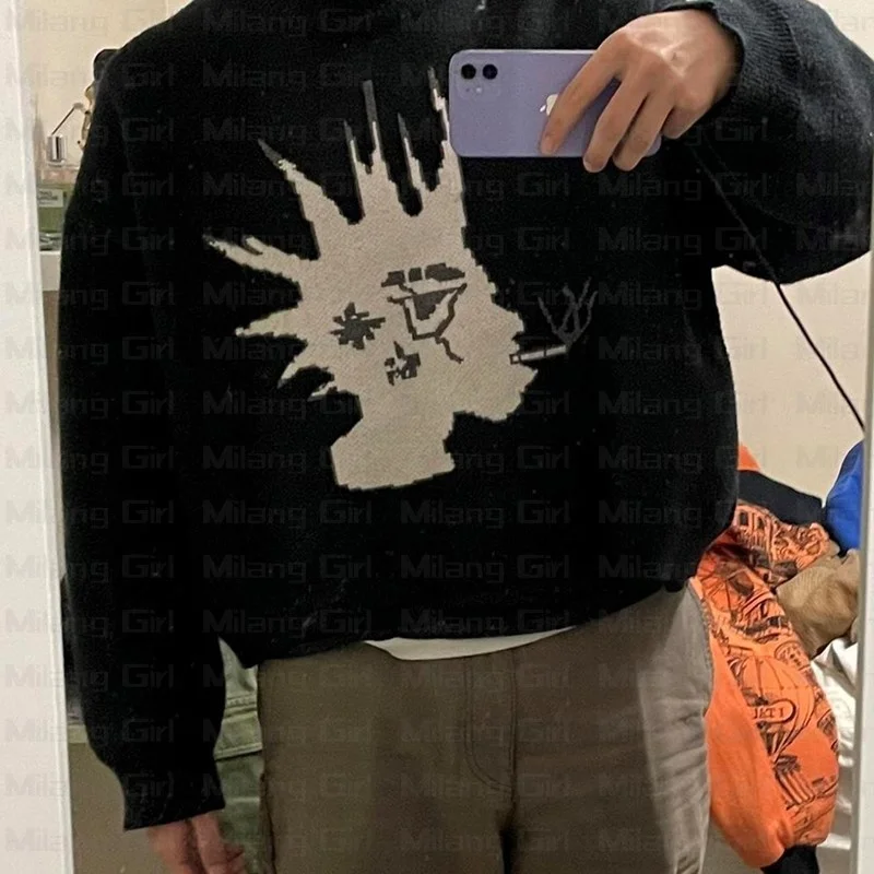 

Y2K Men's Vintage Knitwear Double-sided pattern Winter Sweater Harajuku Oversized Pullover Unisex Aesthetic Clothes For Teens