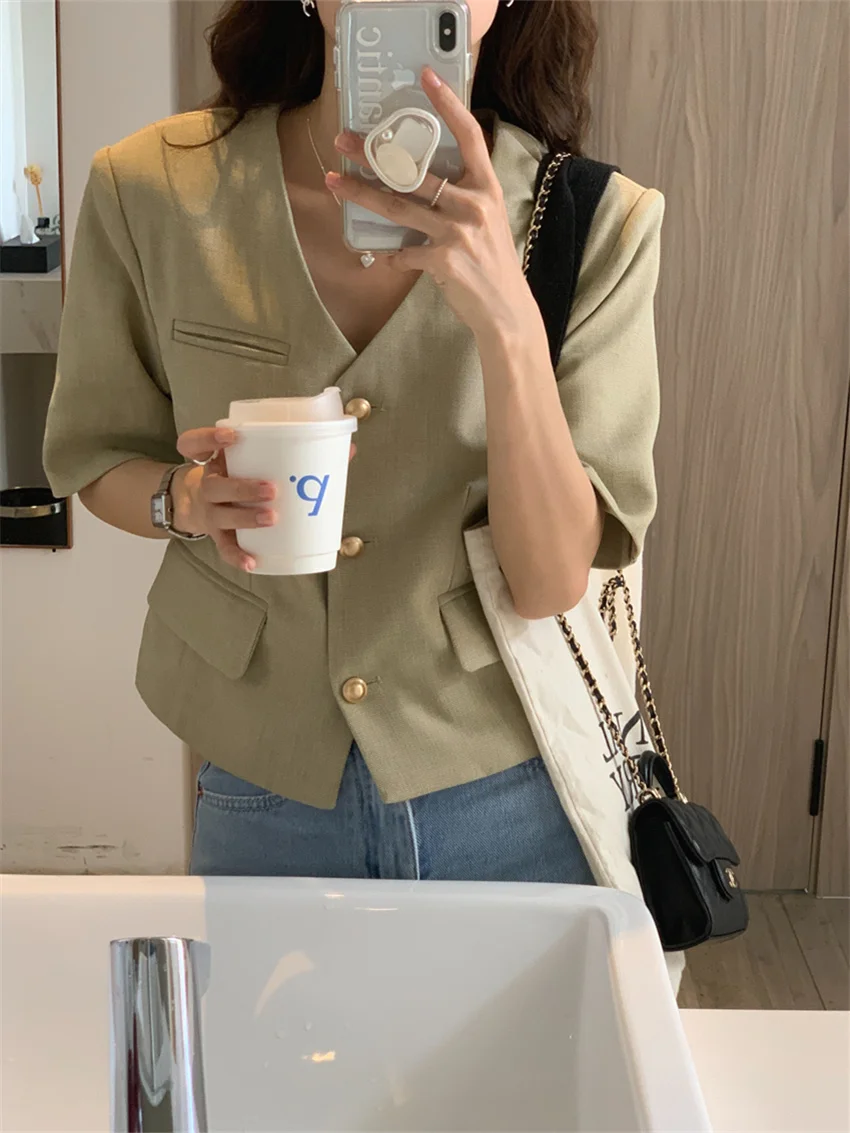 Arazooyi Short Sleeve Blazers Women Work Wear Slim V-Neck OL New Office Lady Summer 2023 Chic High Street Normcore Coats